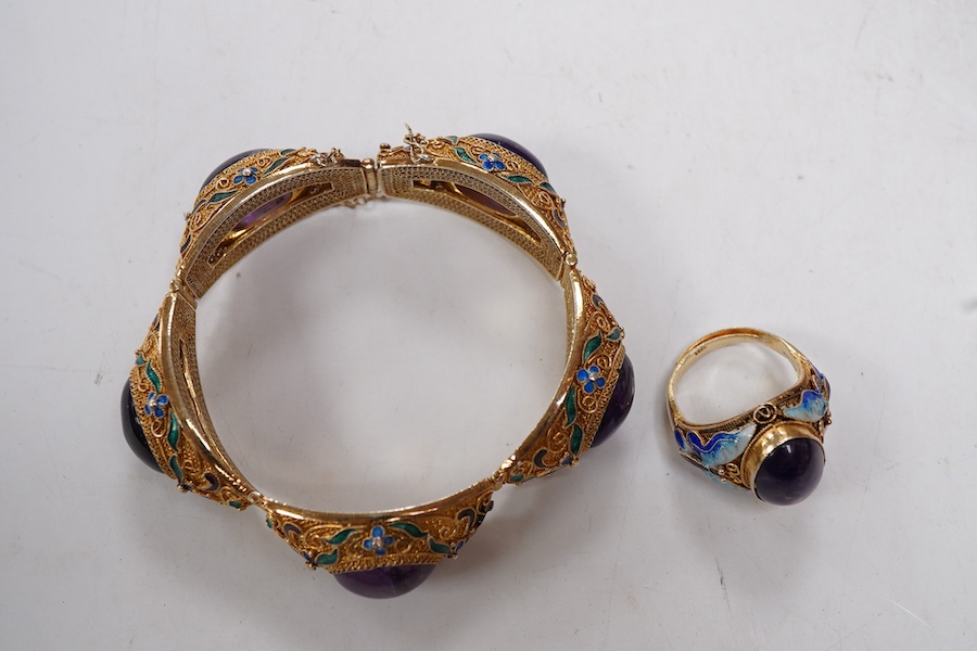 A Chinese silver gilt, enamel and amethyst cabochon bracelet - approx 20cm long and matching ring
